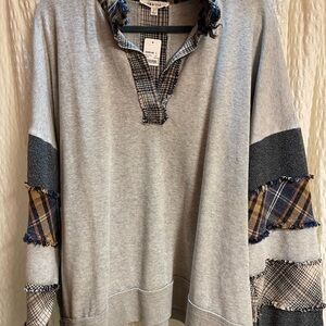 Oli & Hali Gray Pullover with Navy and Tan Plaid Sleeve Panels
